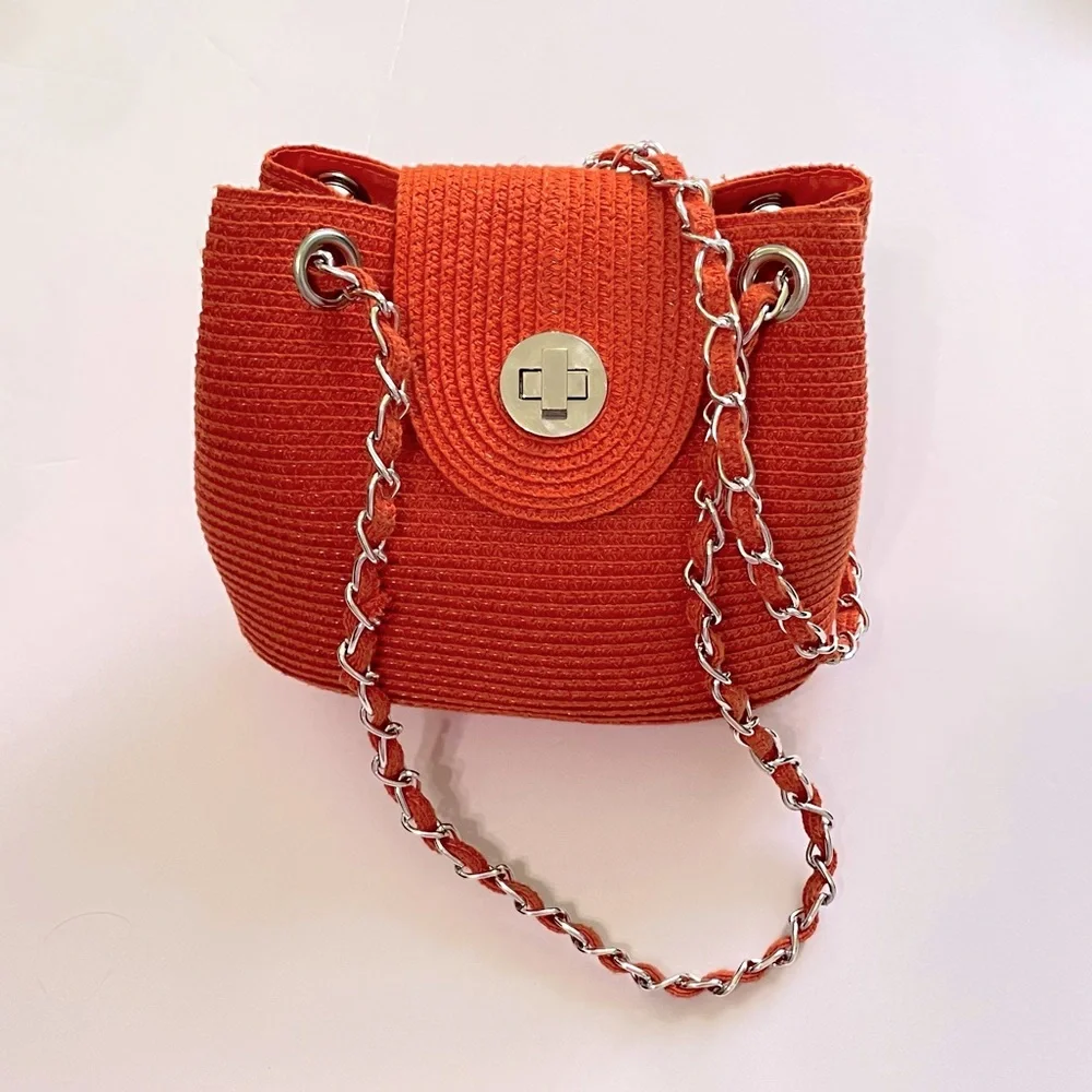 Kim Rogers Orange Woven Paper Straw Shoulder Bag Crossbody Silver Chain Straps
